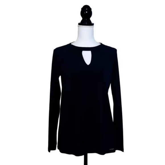 NWT MICHAEL KORS Top, Black Polyester Long Sleeve Solid Casual Keyhole, S - Picture 2 of 12